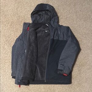 Boys 3-in-1 Boys North Face Charcoal, Black Fleece, red accents Jacket